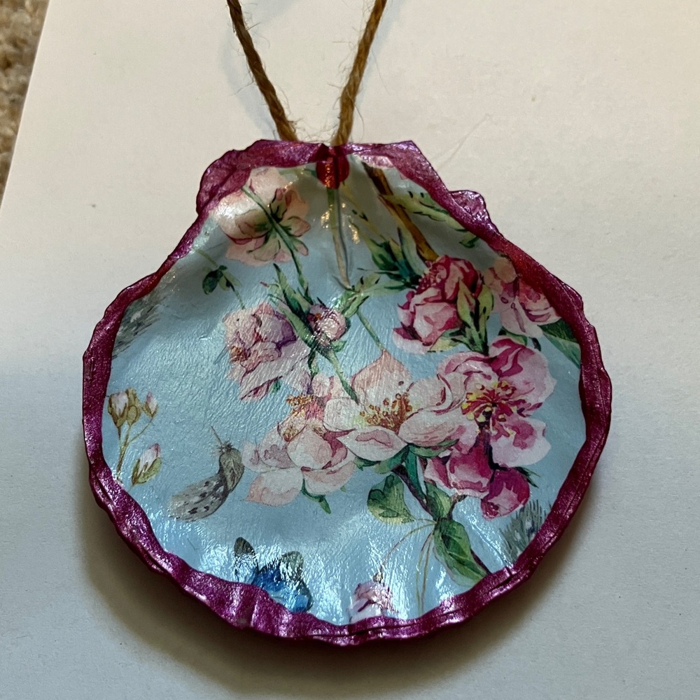 Handcrafted Shell Ornament Floral Pink Metallic Decoupage